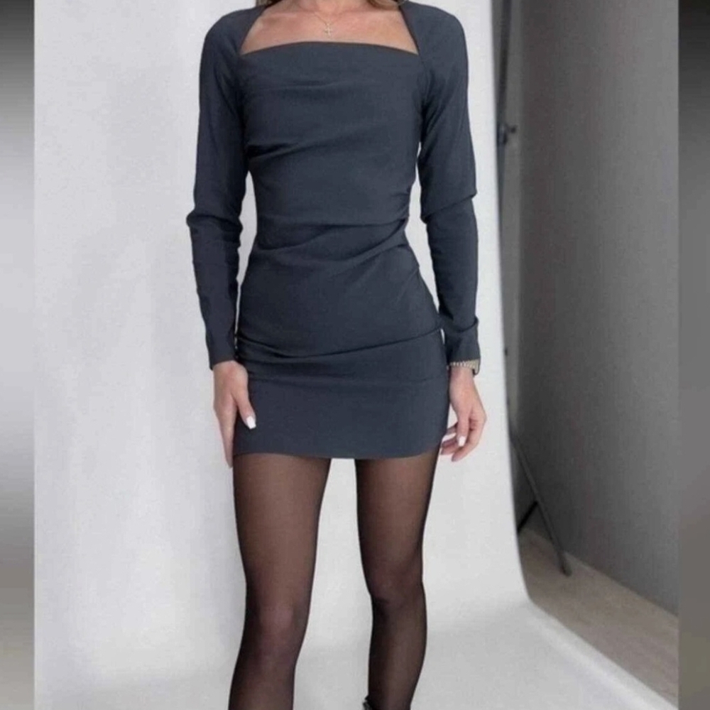 Zara ruched pleated square neck mini dress bloggers fav XS